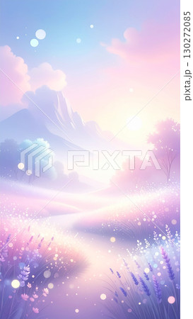 幻想的な朝焼けと花畑のパステル風景イラスト 130272085