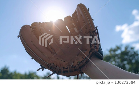 ボールをキャッチする野球のグローブ 130272384