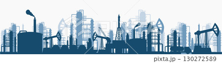 Silhouette Oil and Gas industry platform with Outbuildings, Oil storage tank, Drilling Rigs and more. 130272589