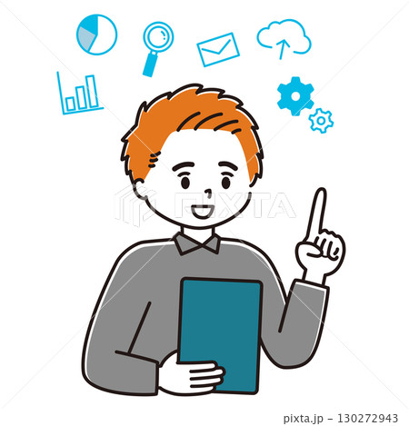 タブレットを見ながら指差しする男性のイラスト ビジネスアイコン タブレットを見ながら指差しする男性のイラスト ビジネスアイコン 130272943