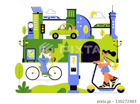 Eco Friendly Transportation Illustration featuring the Combination of Multiple Travel Modes for Efficiency in Urban Transport Methods in a Background 130272983
