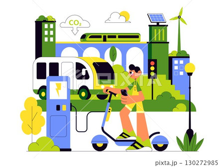 Eco Friendly Transportation Illustration featuring the Combination of Multiple Travel Modes for Efficiency in Urban Transport Methods in a Background 130272985