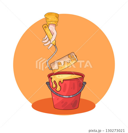 illustration of dipping paint roller into paint bucket illustration of dipping paint roller into paint bucket 130273021