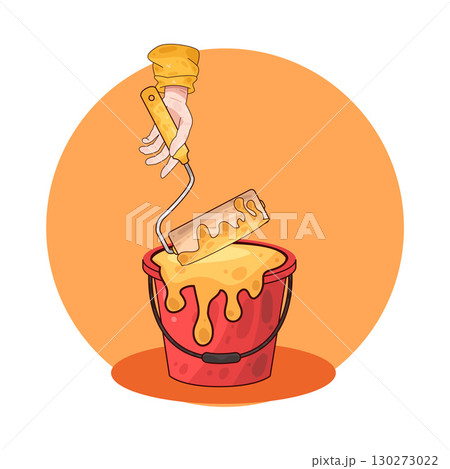 illustration of dipping paint roller into paint bucket illustration of dipping paint roller into paint bucket 130273022
