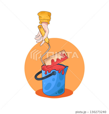 illustration of dipping paint roller into paint bucket illustration of dipping paint roller into paint bucket 130273240