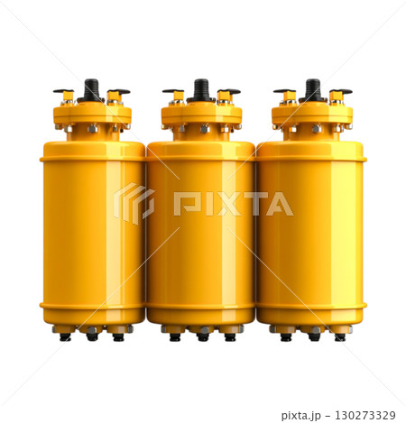 Bright Yellow Industrial Cylinders for Storage and Pressure Applications in a Workshop 130273329