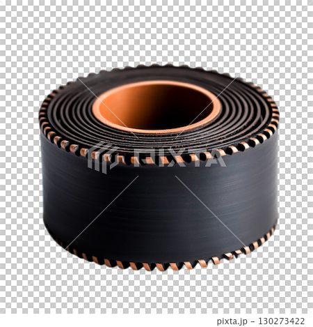 Vintage Film Reel with Black Tape and Brown Core on White Background for Cinematic Nostalgia 130273422