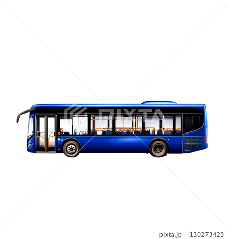 Side View of a Blue Modern City Bus with Empty Interior and Large Windows for Transportation 130273423