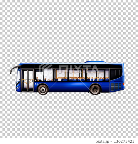 Side View of a Blue Modern City Bus with Empty Interior and Large Windows for Transportation 130273423