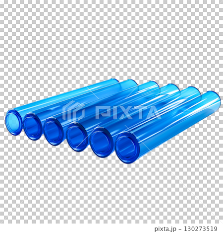 Blue Transparent Tubes Arranged in a Parallel Line on a White Background for Scientific Use Blue Transparent Tubes Arranged in a Parallel Line on a White Background for Scientific Use 130273519