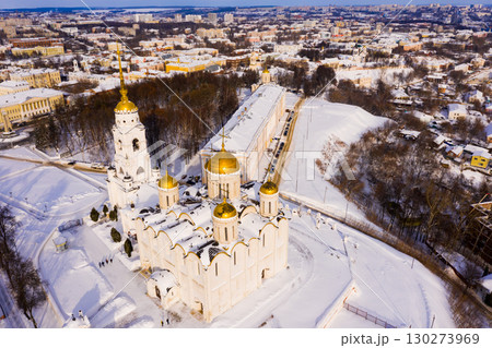 Aerial view of snow covered Orthodox Dormition Cathedral in Vladimir 130273969