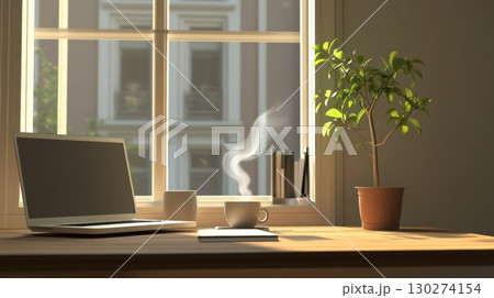 Bright sunlight filtering through window, highlighting minimalist home workspace with laptop, steaming coffee, green succulent, scattered books, embodying calm productivity, universal photo template 130274154