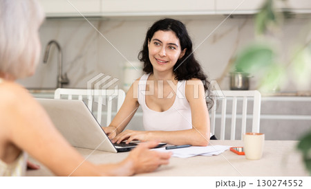 Mature woman meeting financial advisor for investment at home 130274552