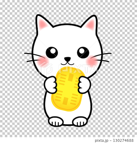 一隻拿著金幣的貓的可愛插圖 一隻拿著金幣的貓的可愛插圖 130274688