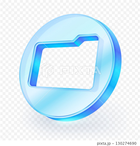 Modern 3D glass style folder icon button inside a circular frame. Glossy transparent design for file, document, storage, app, and technology concepts. Vector illustration. 130274690