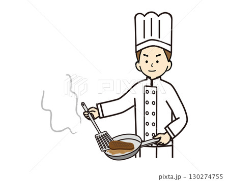 フライパンでステーキを焼く男性コック 130274755