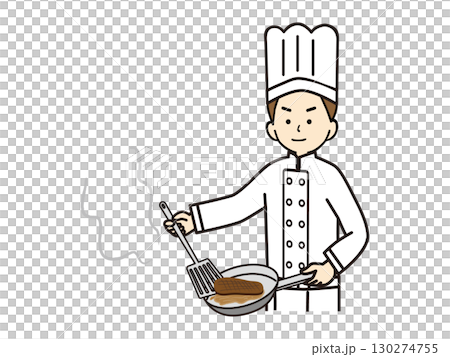 フライパンでステーキを焼く男性コック 130274755