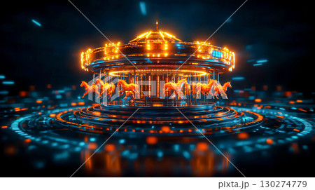 Neon Carousel with Glowing Horses in a Futuristic Digital Environment 130274779