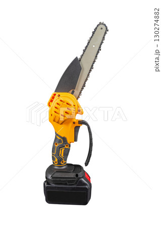 Cordless battery yellow Chainsaw  isolated on a white background. 130274882