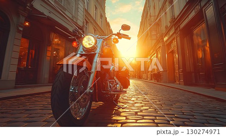 Orange Motorcycle Parked on Cobblestone Street, Illuminated by S 130274971