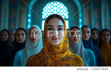 Serene Muslim Women in Headscarves, Illuminated by Ornate Mosque 130275026