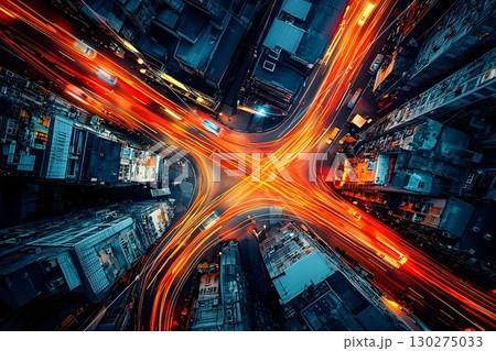 Aerial Nighttime City Intersection with Vibrant Light Trails and 130275033