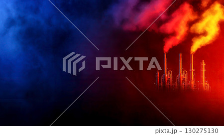 Industrial Smokestacks Emitting Colorful Smoke Against Dark Background 130275130