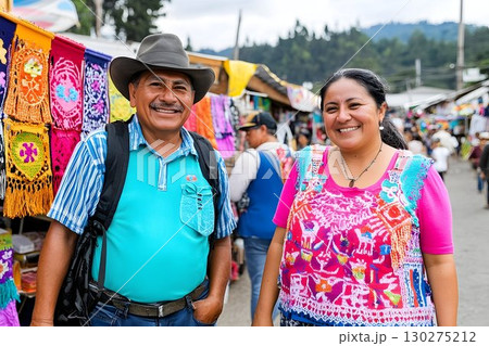 Smiling Couple in Colorful Market Stalls 130275212
