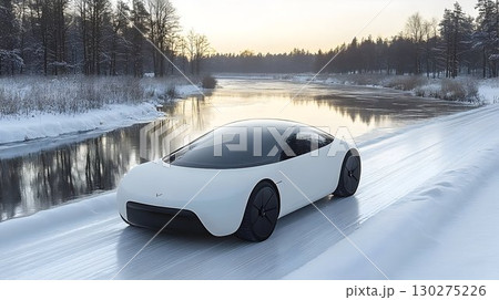 Sleek white futuristic car glides on snowy road beside a frozen 130275226