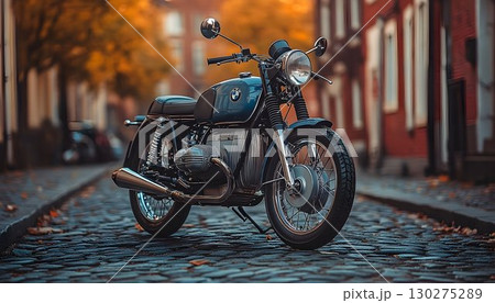 Vintage motorcycle on cobblestone street autumn scene Vintage motorcycle on cobblestone street autumn scene 130275289
