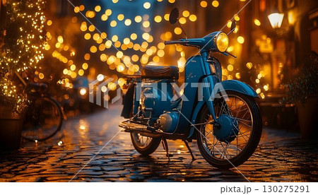 Vintage scooter night city street lights bokeh background 130275291