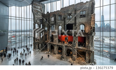Preserved ruin structure in modern building interior cityscape view 130275379