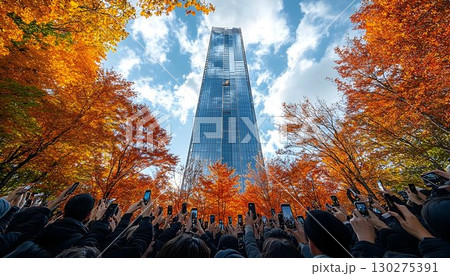Autumn Spectacle: Skyscraper Framed by Vibrant Foliage and Captu Autumn Spectacle: Skyscraper Framed by Vibrant Foliage and Captu 130275391