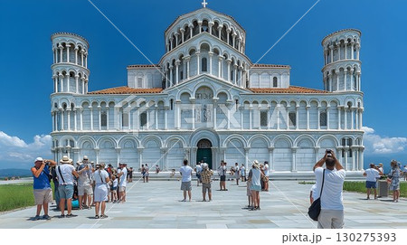 White marble cathedral tourists sightseeing sunny day 130275393