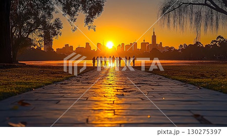 Silhouetted figures sunrise cityscape peaceful dawn vibrant colors 130275397