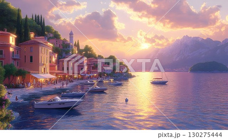 Sunset over Italian Lakeside Village with Boats and Mountain Bac Sunset over Italian Lakeside Village with Boats and Mountain Bac 130275444