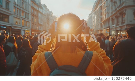Woman Capturing Sunlight on Crowded Street with Mobile Phones, B Woman Capturing Sunlight on Crowded Street with Mobile Phones, B 130275446
