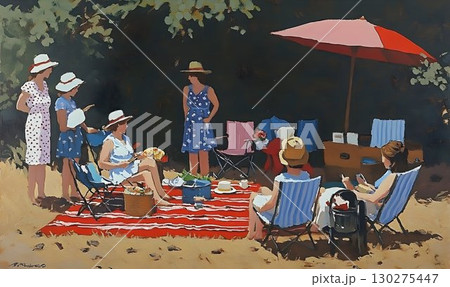 Impressionistic picnic scene with women and children under a red 130275447