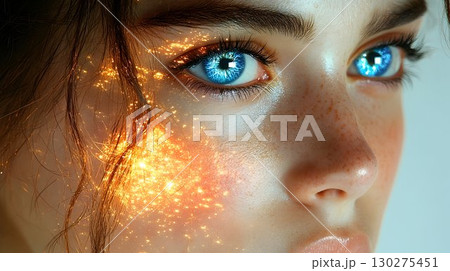 Glowing Eyes and Sparkles: A Close-Up Portrait of a Woman 130275451