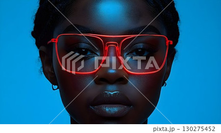 Striking portrait of a woman with glowing red glasses against a 130275452