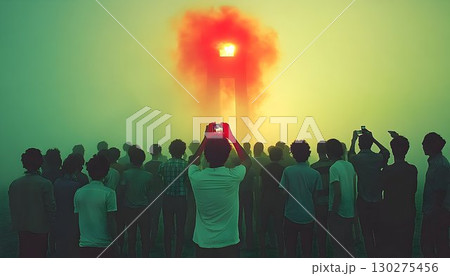 Crowd Silhouettes Gaze at Glowing Structure Amidst Eerie Green M 130275456