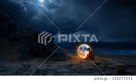 Serene Meditation Under Moonlight with Glowing Earth Sphere in Dark Landscape 130275551