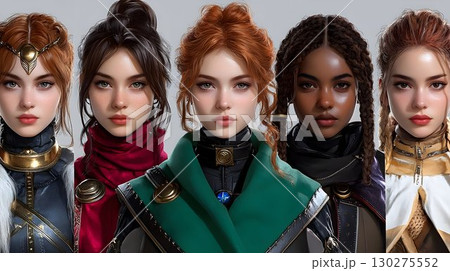 Diverse women portraits realistic digital art multiple hairstyles and attires 130275552