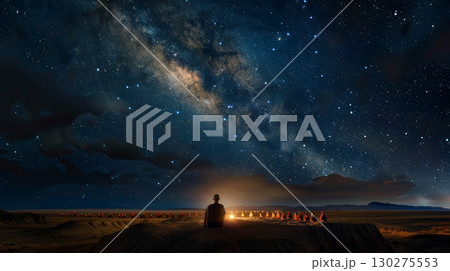 Person Gazes at Starry Night Sky Above Campfire in Remote Desert Landscape 130275553