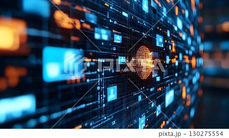 Glowing sphere in digital data stream abstract technology visualization 130275554