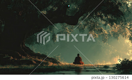 Peaceful Meditation Under a Majestic Tree in a Serene Nature Setting 130275614