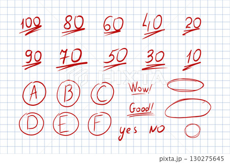 Grade mark red pen result highlight. Hand drawn red marker doodle school grading marks, handwritten teacher exam test rating, 130275645