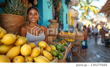 Smiling Woman Selling Fresh Fruits at a Vibrant Latin American M 130275694