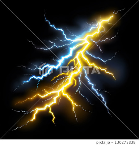 Dynamic yellow and blue lightning strikes illuminate a dark sky with powerful energy and electric force Dynamic yellow and blue lightning strikes illuminate a dark sky with powerful energy and electric force 130275839