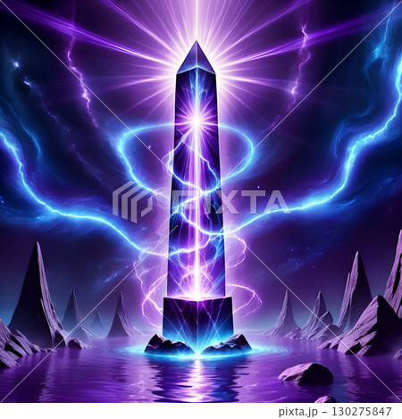 Experience otherworldly power with a glowing crystal obelisk radiating cosmic energy amidst a mystical, electric nebula landscape 130275847